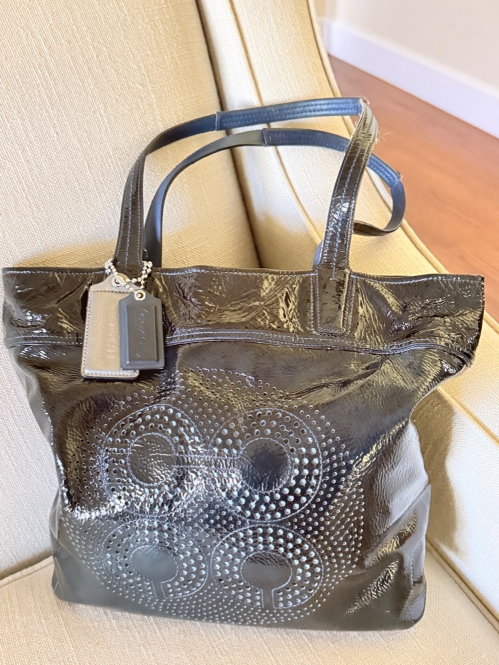 Coach - Audrey Perforated Signature Navy Patent leather tote